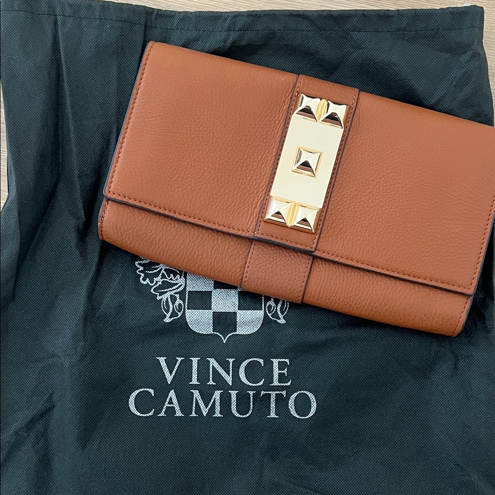 Vince Camuto Cognac Leather Wallet Clutch with Gold Stud Accent